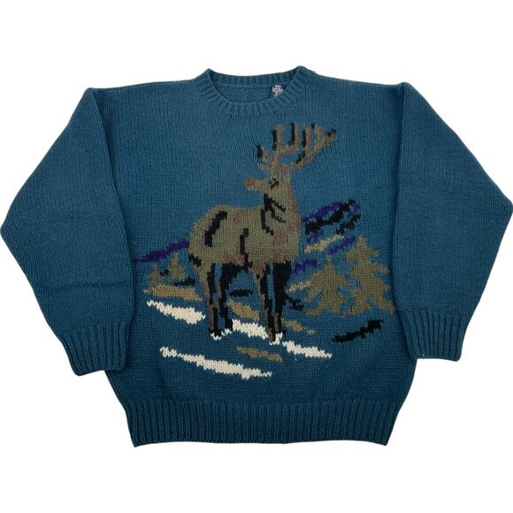 VTG 70s 80s men's GAP handknit 100% Shetland Wool Reindeer Deer Crewneck Sweater - Picture 1 of 7